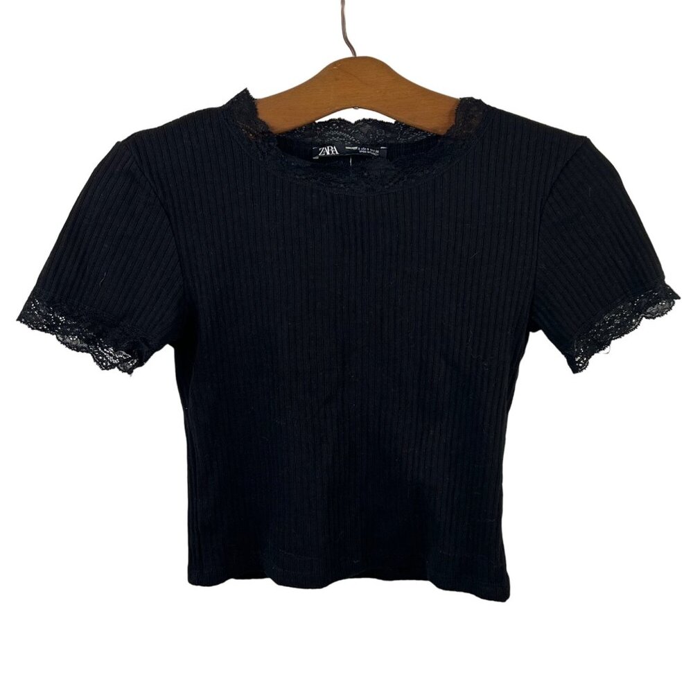 Zara Shirt Size Small Lace Trim Ribbed Short Sleeve Crop Top Black Y2K